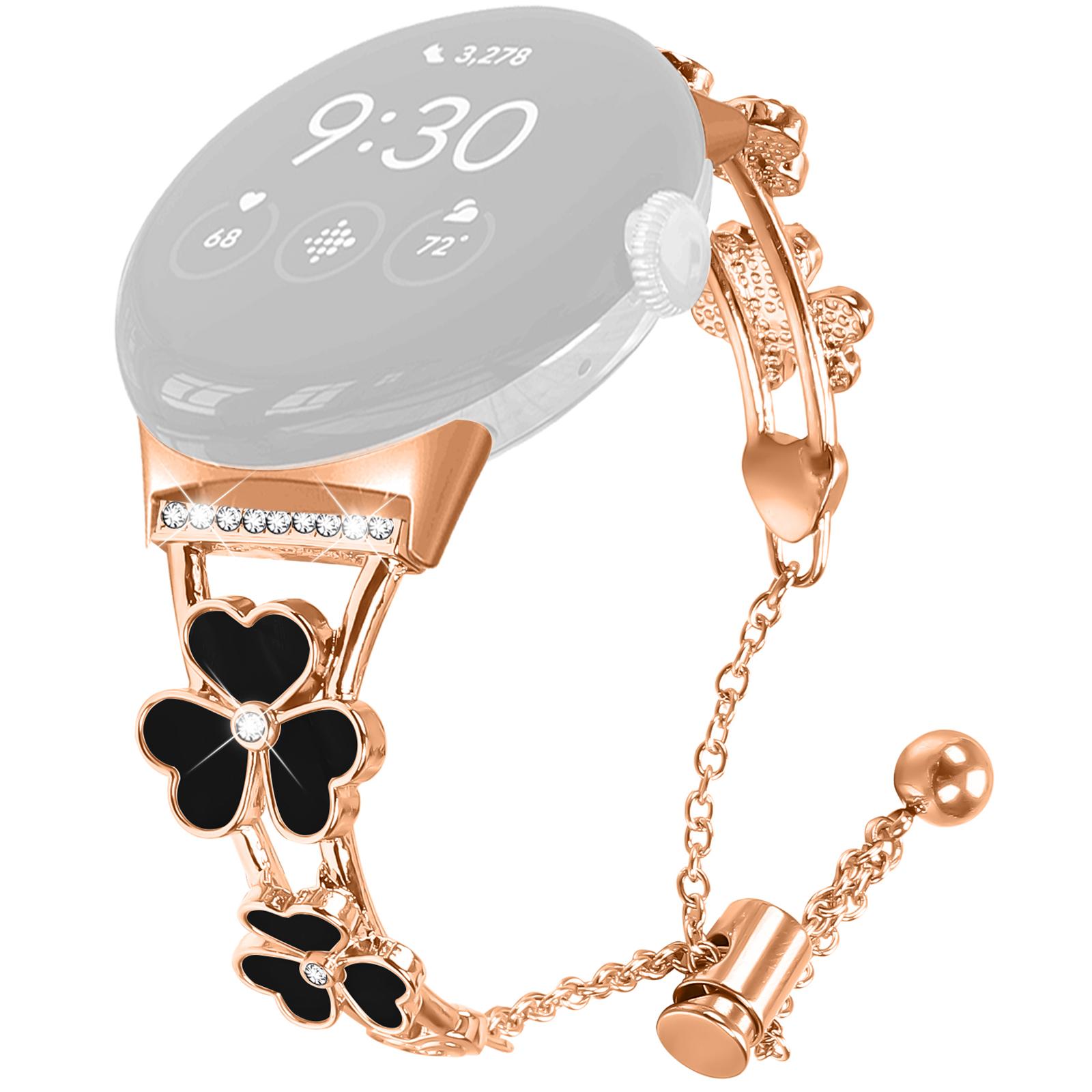 

For Google Pixel Watch 2/Pixel Watch Heart Clover Decor Watchband Zinc Alloy Metal Strap Rose Gold