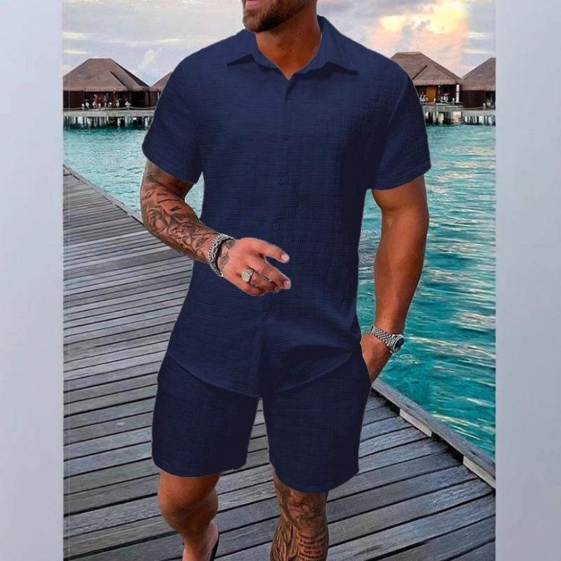Mens Casual Solid Color Textured Short Sleeve Shirt And Shorts Two Piece Set