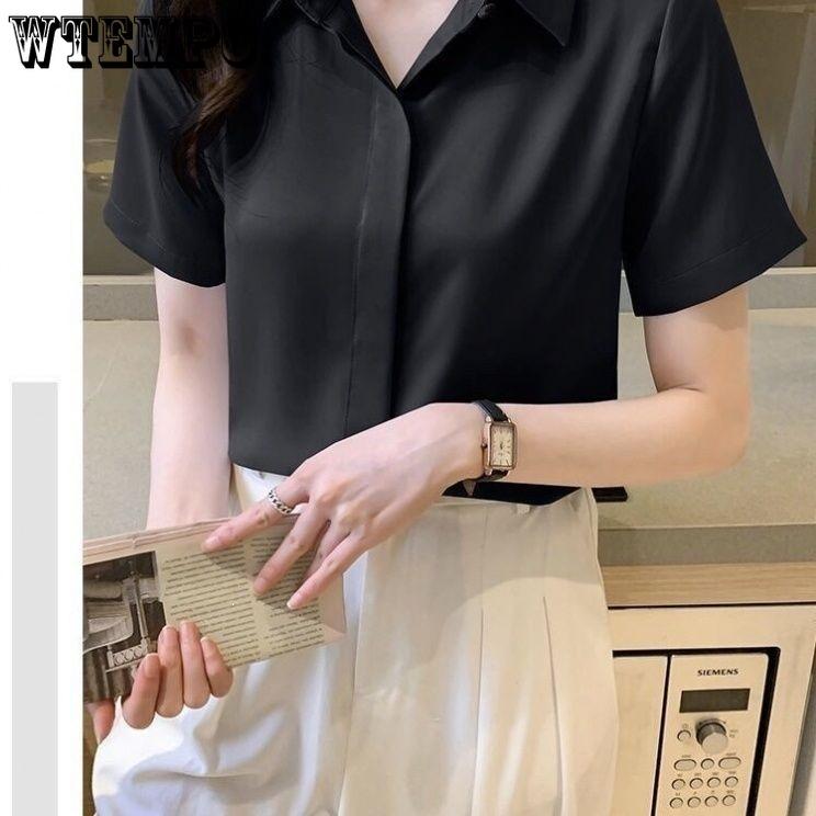 WTEMPO Women Satin Short Sleeve Shirt Elegant Lapel V Neck Blouse Smooth Office Commuter Solid Color Casual Work Top