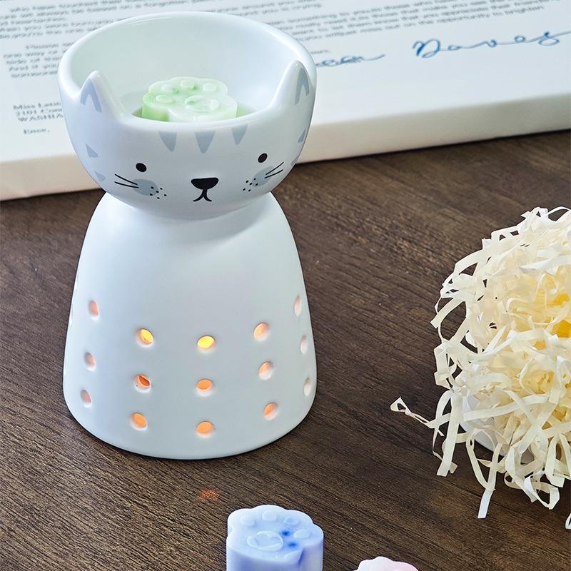 Cute Cat Ceramic Essential Oil Burner - Aromatherapy Wax Melt Warmer Tealight Holder for Home Fragrance & Decor