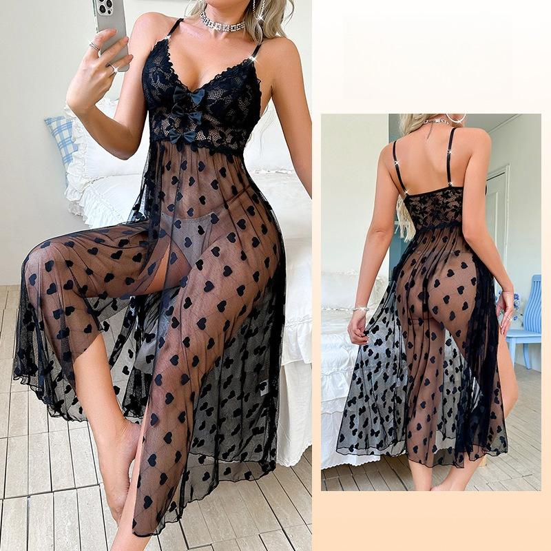 Sexy Spitzen-Schleifen-Camisole-Pyjama Durchsichtiges Netz Leichtes Nachthemd für Damen 772 Verspielte Feminine Nachtwäsche mit Zarten Spitzendetails