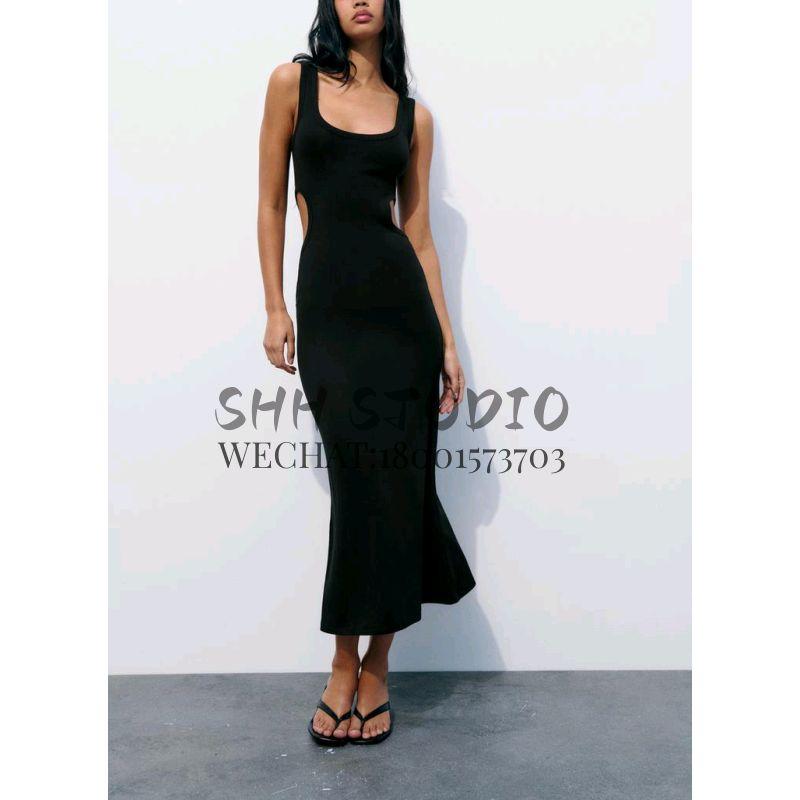 Spring New Elegant Sexy round Neck Wide Shoulder Strap Silm Hip Knitwear Hollow Dress 4174344