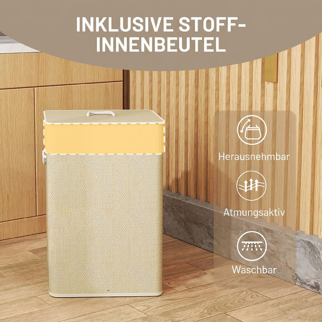 Bamboo Laundry Basket with Lid 72 L Laundry Hamper with Bamboo Handles, Removable Laundry Bag Natural