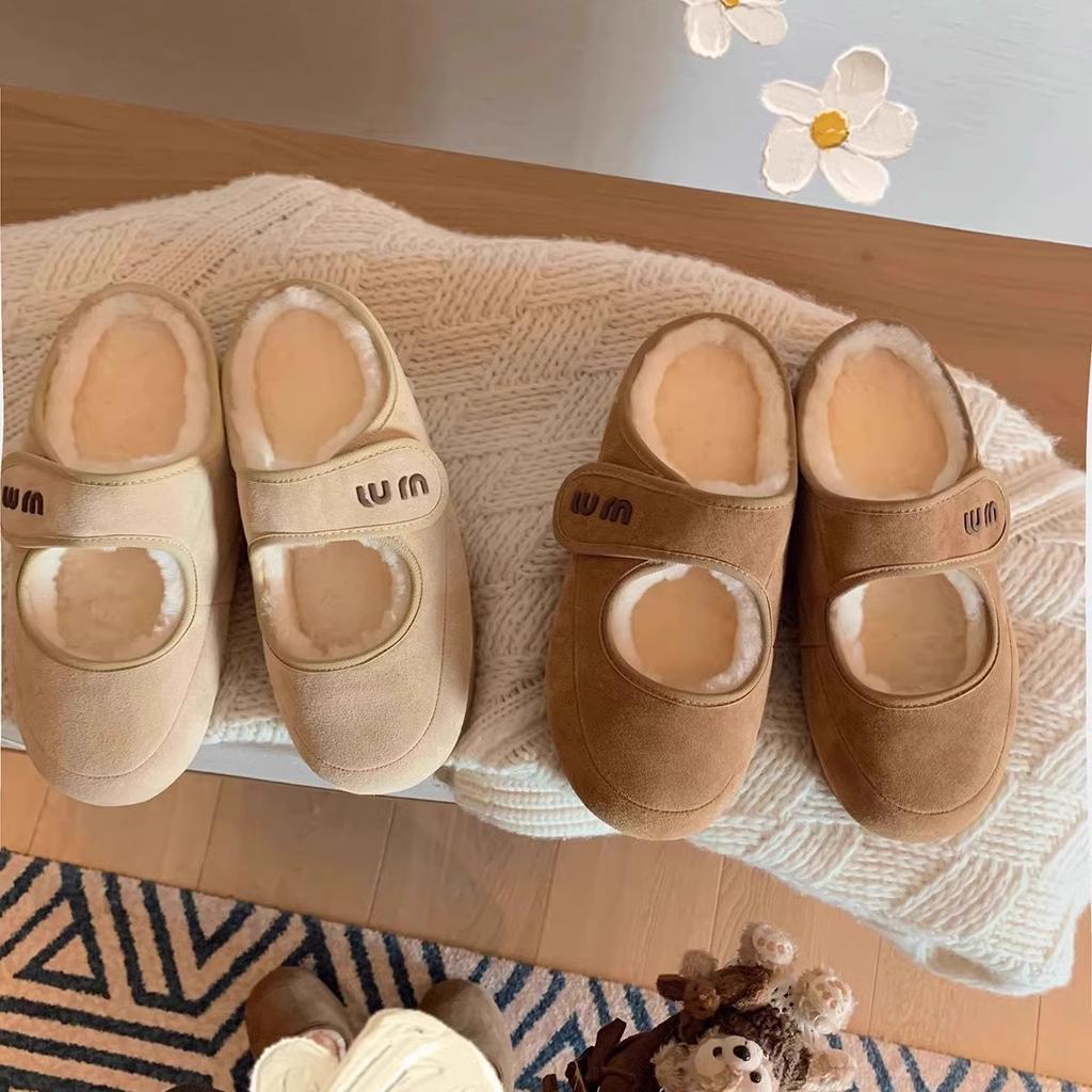 Grape Mother of the Same Style, Cute Velcro Warm Half Drag Ugly Cute Wool Mary Jane Mao Mao Single Shoes Autumn and Winter