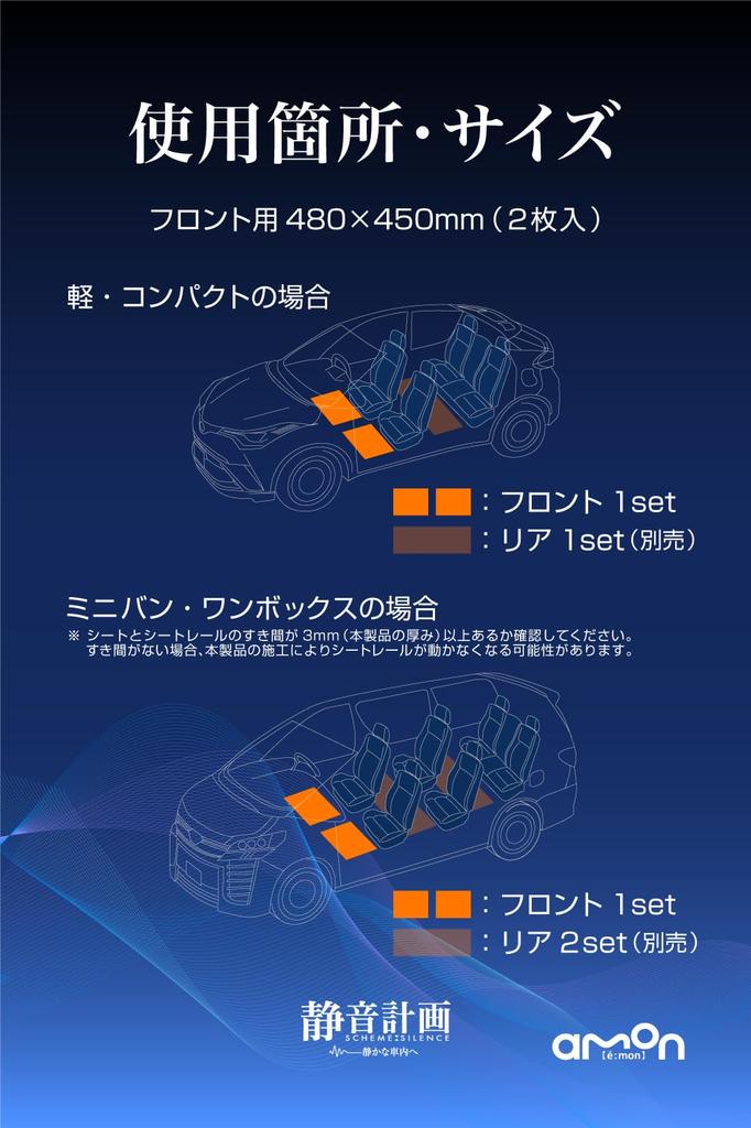 amon Silent Plan Road Noise Reduction Mats for Front Car 480 x 3mm 2 4814 Floors, Deadening, Approx. 450mm, Approx. Thick, Pieces, Black,