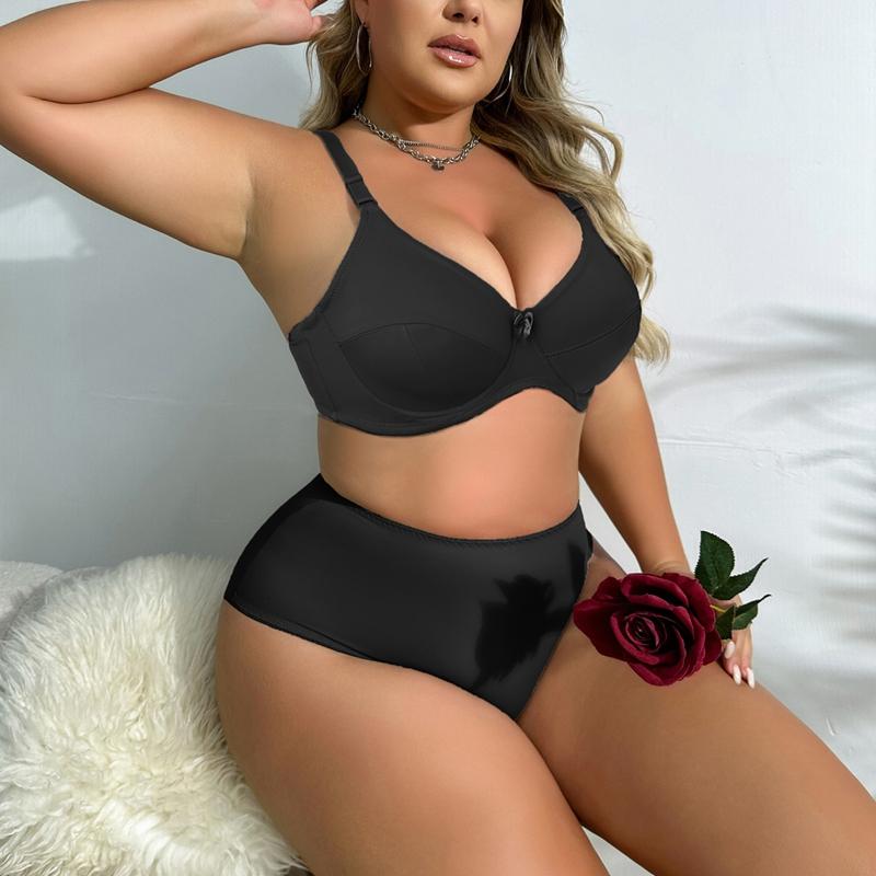 Women Plus Size Thin Lingerie Sets Bow with Wire Brassiere Comfortable Panties 36-48 C D E F Cup-398