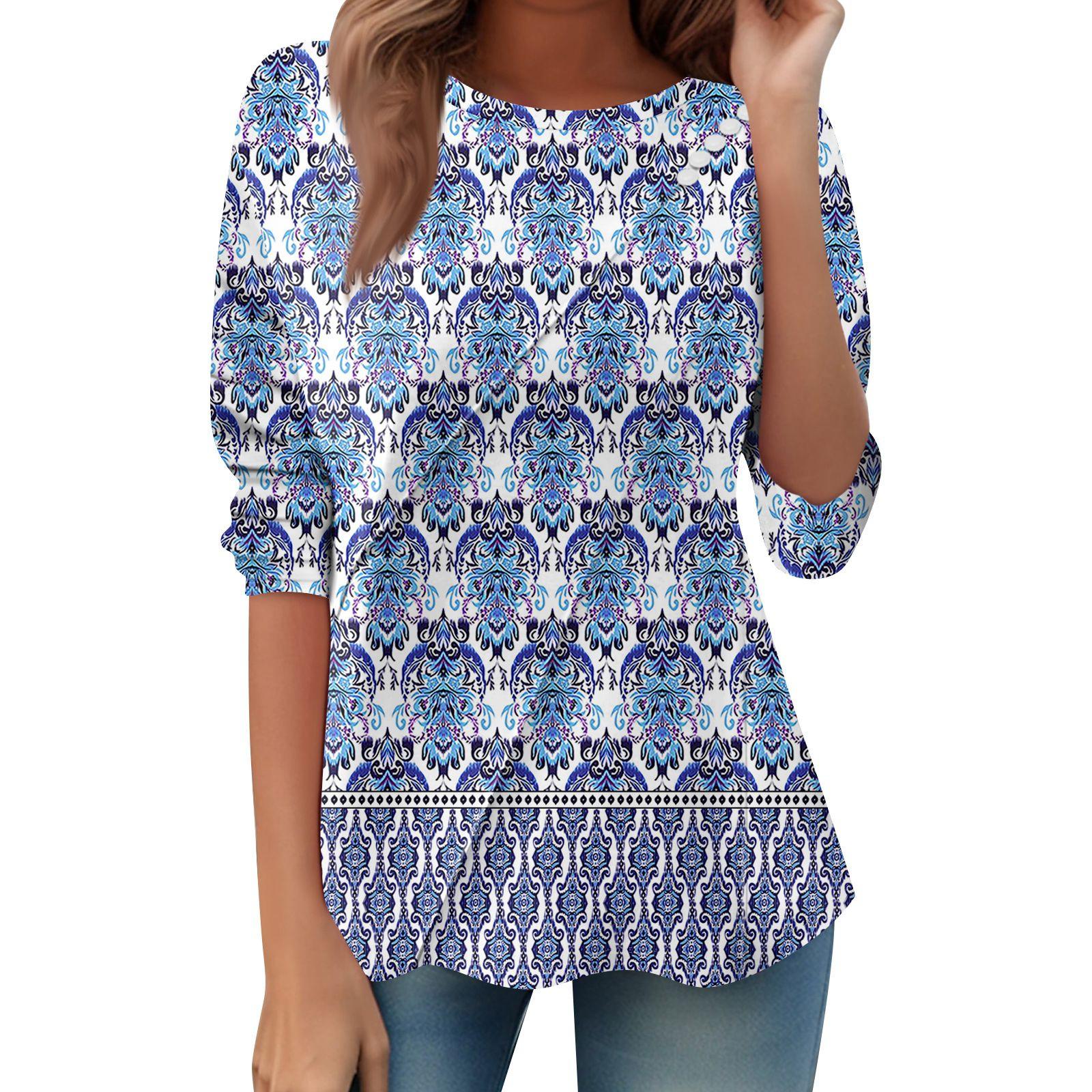 

Women s Loose Casual Long Sleeve Top Round Neck Button Pull Stripe Prints T Shirt XL