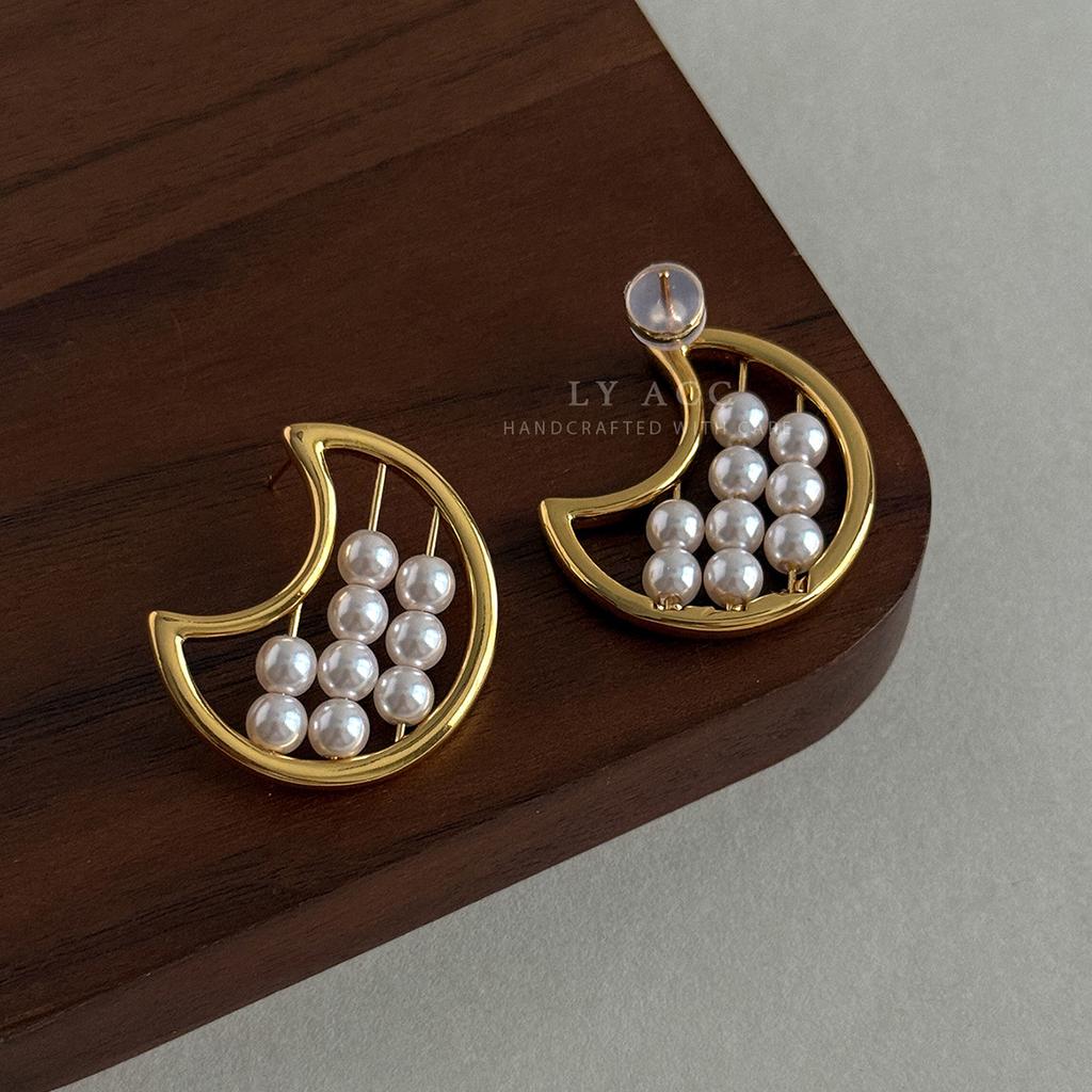 New Chinese pearl abacus earrings, gourd moon four-leaf clover, national style earrings, attracting wealth, meaning gold and silver two-color earrings