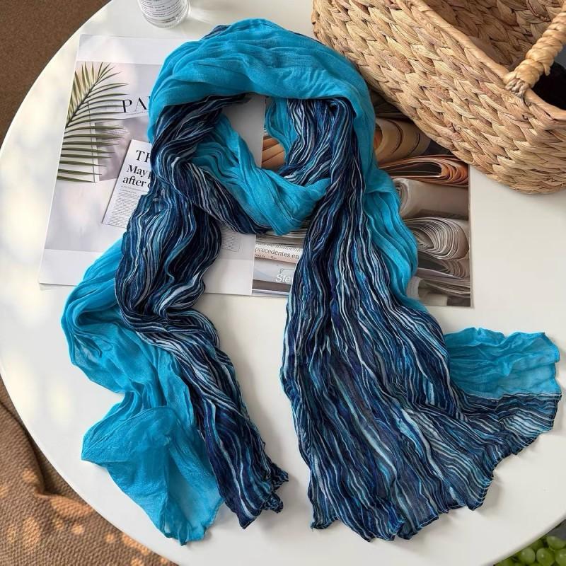 Lightweight Gradient Blue Scarf Women Vintage Floral Print Wrap Shawl Knitted Crochet Style 80x180cm Wear