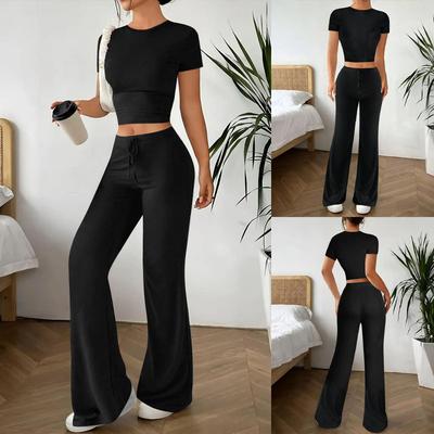 Women's Pants Suits Casual Sports Slim High Waist Navel Trousers Short-sleeved T-shirt Clothes Sale
