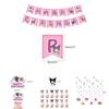 Kuromi Themed Birthday Party Decor Supplies Set With Flag Cake Spiral Balloon And Bright Colorful Toppers