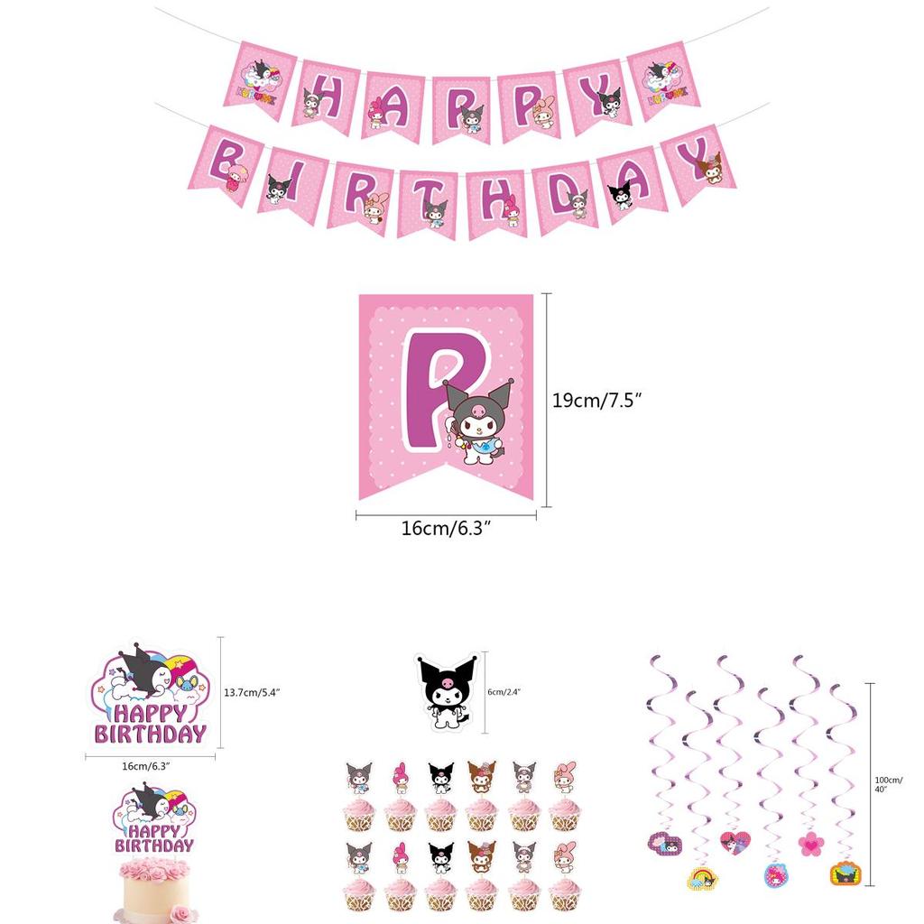 Kuromi Themed Birthday Party Decor Supplies Set With Flag Cake Spiral Balloon And Bright Colorful Toppers