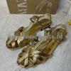 2025 ZA Kvinnors Guld Peep-Toe Flätade Utskurna Sandaler - Vintage Romersk Platt Stil