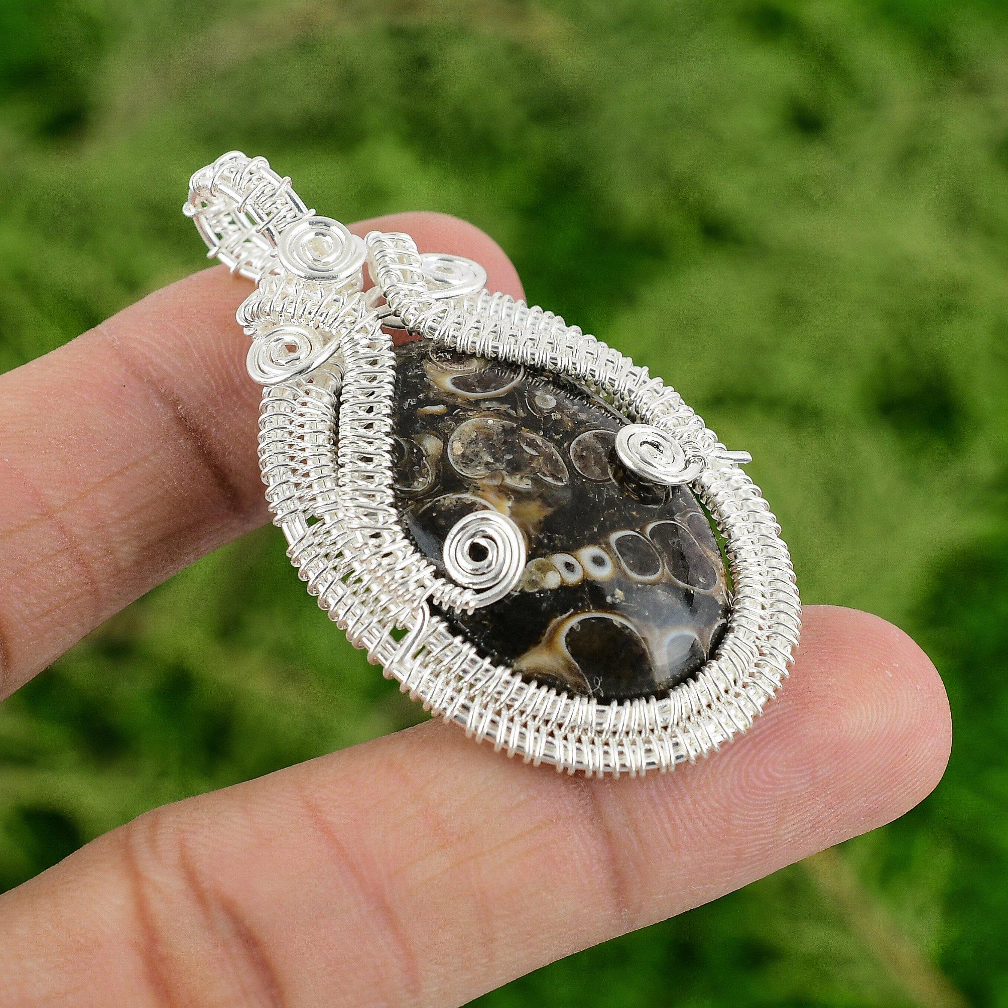 

Daughters Day Deal Turritella Agate Stone Sterling Silver Wire Wrap Boho Pendant