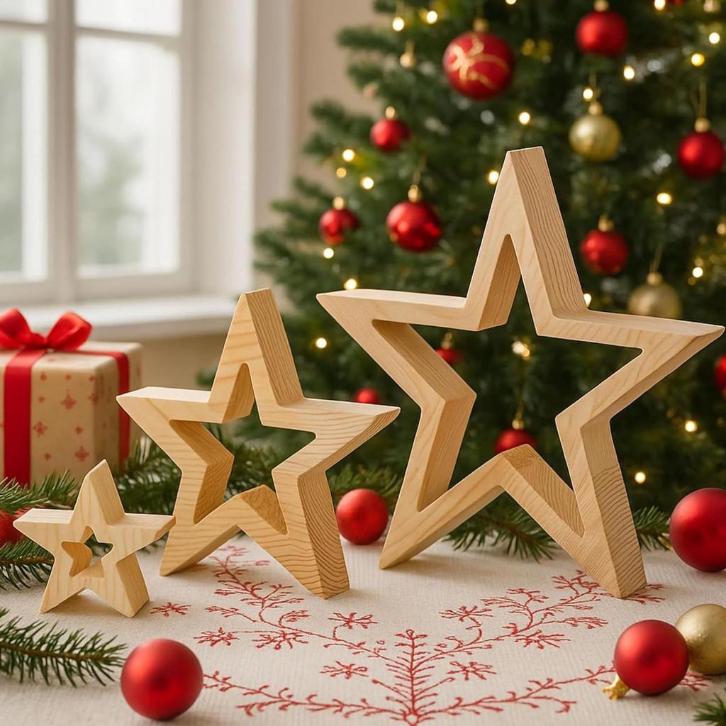 Christmas Star Tabletop Decor 3 Pieces Rustic Holiday Festive Decoration Christmas Tabletop Decor Centerpiece Wooden Star