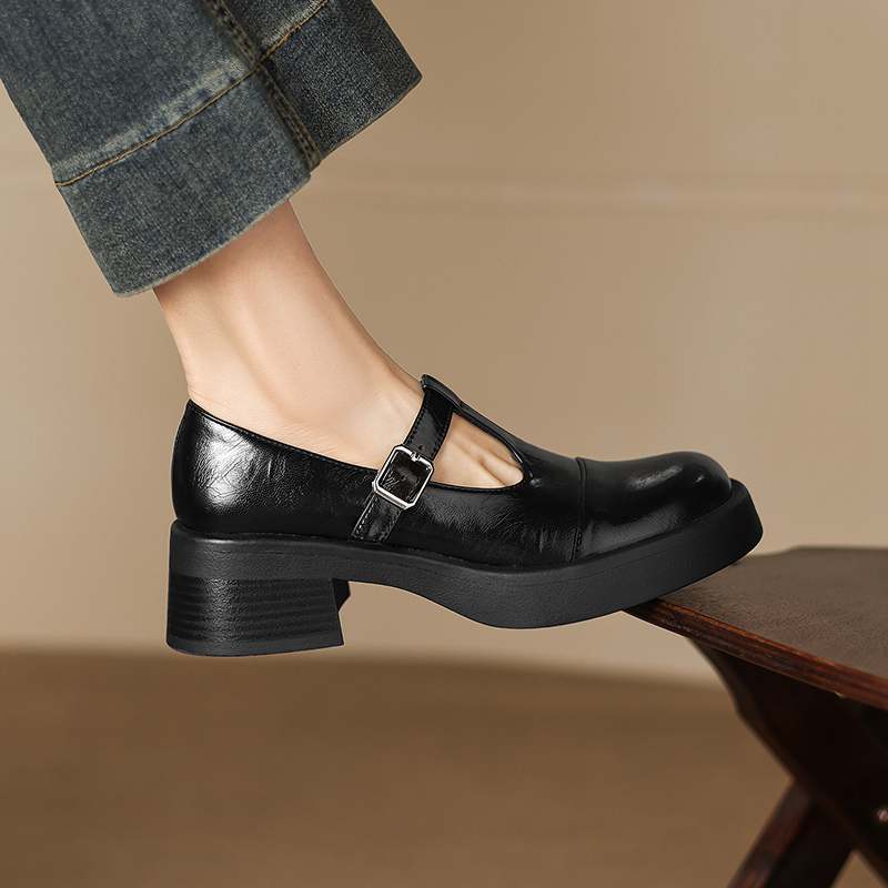 Krazing Pot Microfiber Round Toe Chunky Heels Spring Summer Shoes Big Size 43 Size 33 Women Buckle Straps Platform Pumps