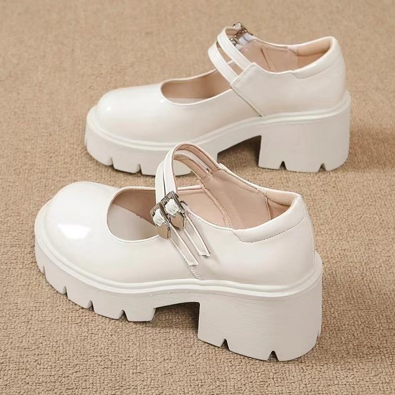 2025  New Spring and Autumn White Thick High Heels French High Heels Thick Heels British Style Mary Jane