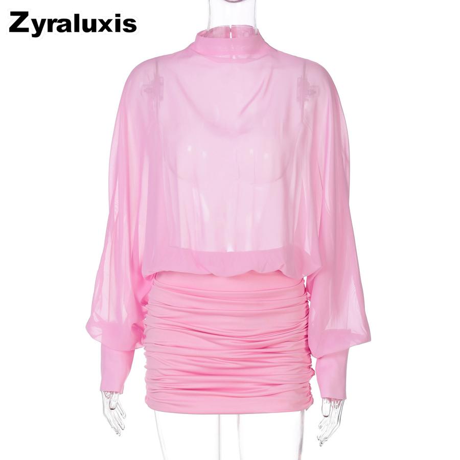 Women s New Autumn Fashion Sexy Chiffon Sheer Patchwork Ruffled Long Sleeve Dress M