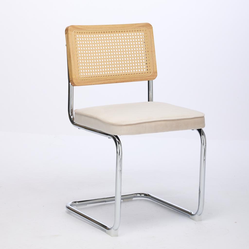 Mid Century Modern Dining Chairs Set of 2, Velvet Accent Chairs with Natural Cane Back & Stainless Chrome Base, Golden Color, DE1851BG