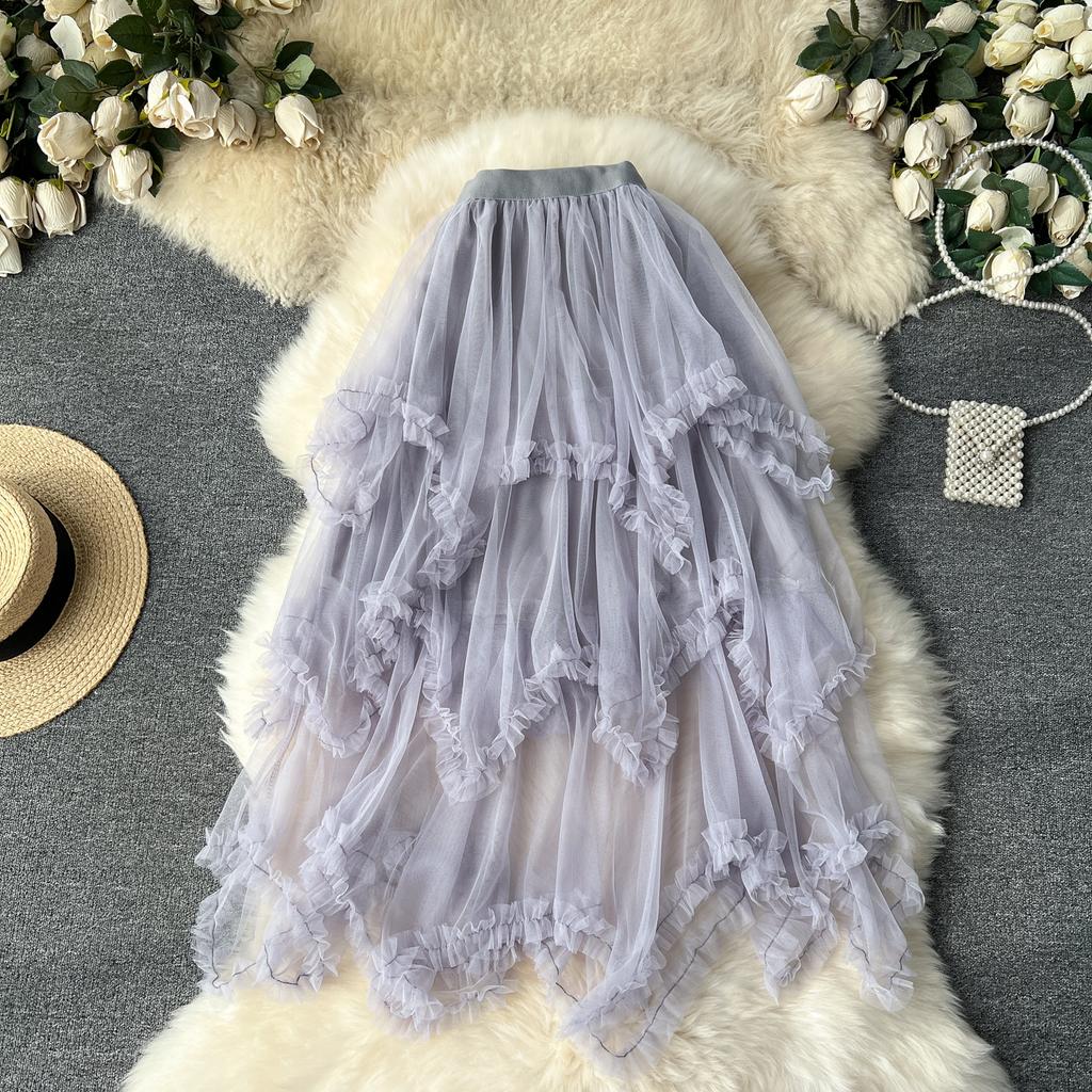 Letní Dámská Elegantní Elastická Vysoký Pas Síťovaná Princeznovská Dlouhá Midi Nepravidelná Dortová Sukně