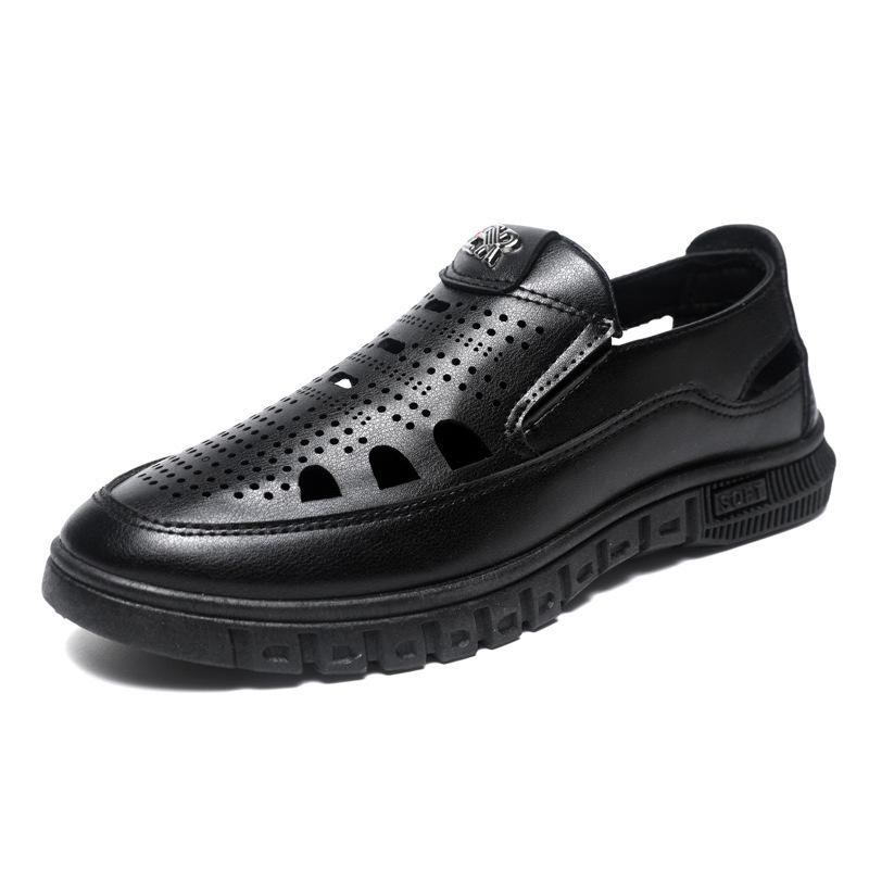 Men's Breathable Hollow Out Clogs for Middle-Aged & Elderly, Anti-Slip Comfort Casual Leather Shoes