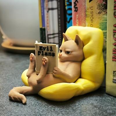 Cat Reading Figurine 3D Printed Cute Lying Cat Reading Book Statue for Office Home Bookshelf Desktop Decor Gifts for Cat Lovers
