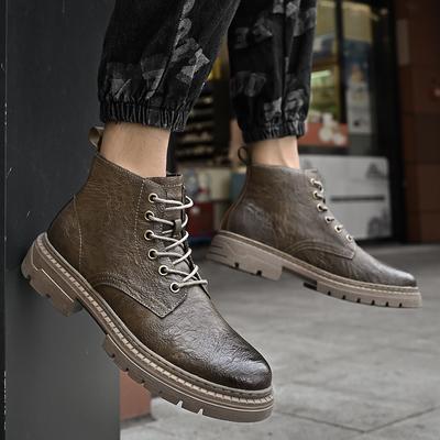 Autumn Men's Lace Up Shoes 2024 New Retro Mid Cut Boots Waterproof and Anti Slip Board Shoes Men Black Work Casual Leather Shoes