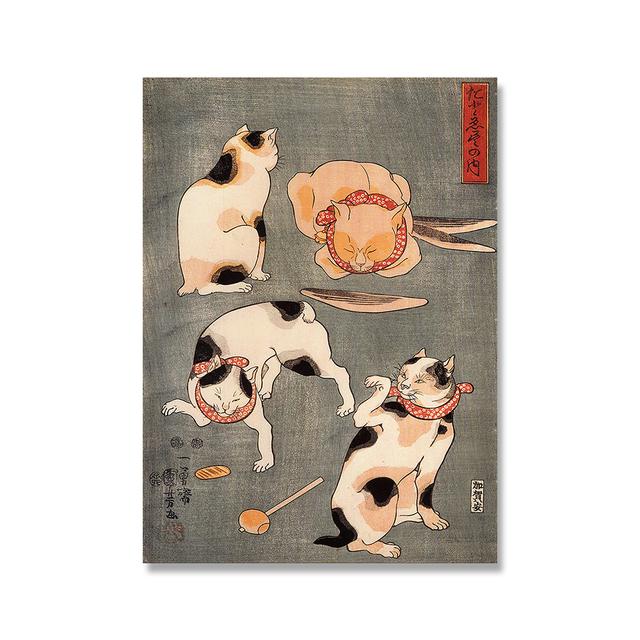 Utagawa Kuniyoshi Cat Olejomalba s různými pozicemi Plakát se zvířaty Retro nástěnná malba Domácí dekorace