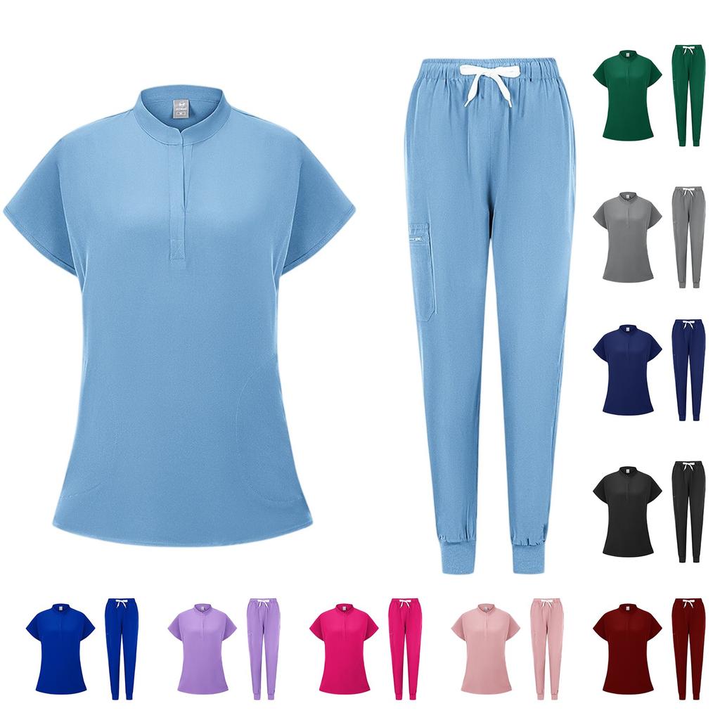 Women's Quick Drying Fabric Solid Color V-neck Pocket Short Sleeved Pants Set Workwear