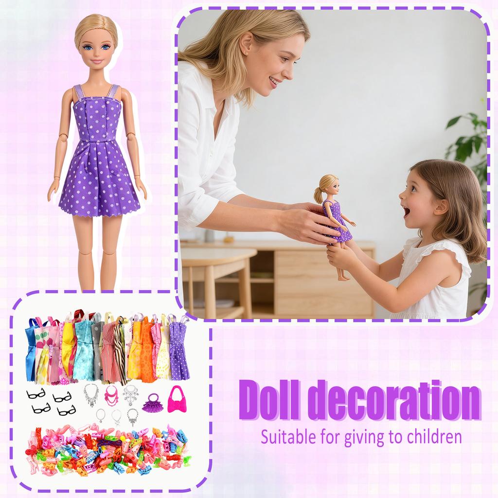 32-piece Doll Accessory Set: 10 Doll Dresses + 4 Pairs Of Glasses + 6 Necklaces + 2 Handbags + 10 Pairs Of Shoes