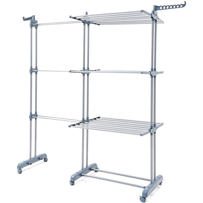 Foldable Expandable Vertical 30-Bar Clothes Drying Rack with Wheels, 3-Tier 6 Foldable Wings Laundry Dryer, 22 M Drying Space