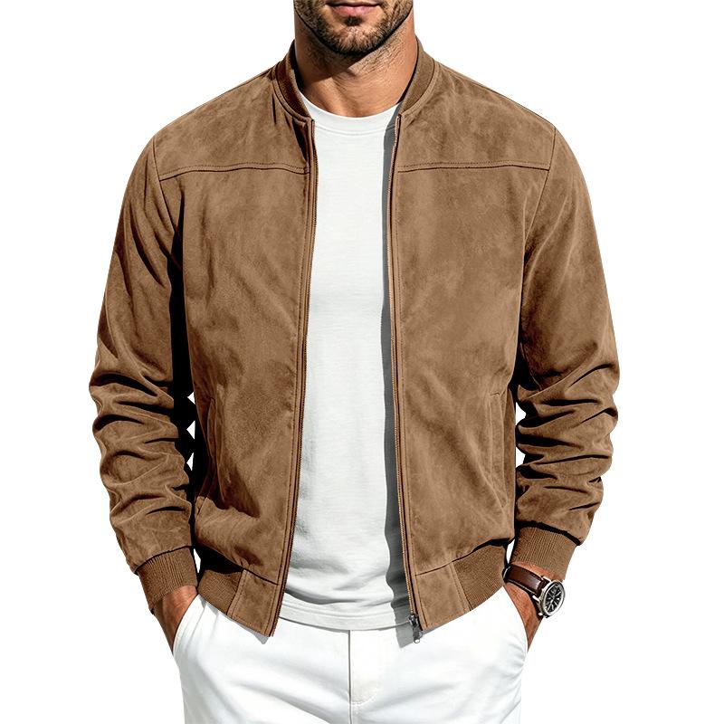 Men Faux Suede Bomber Jacket Zip‑Up Baseball Collar Casual Long Sleeve Outerwear Lightweight Fall Pilot Coat