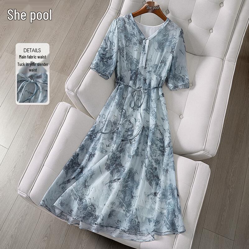 Elegant Lyocell Blend Printed V-Neck Midi Dress M