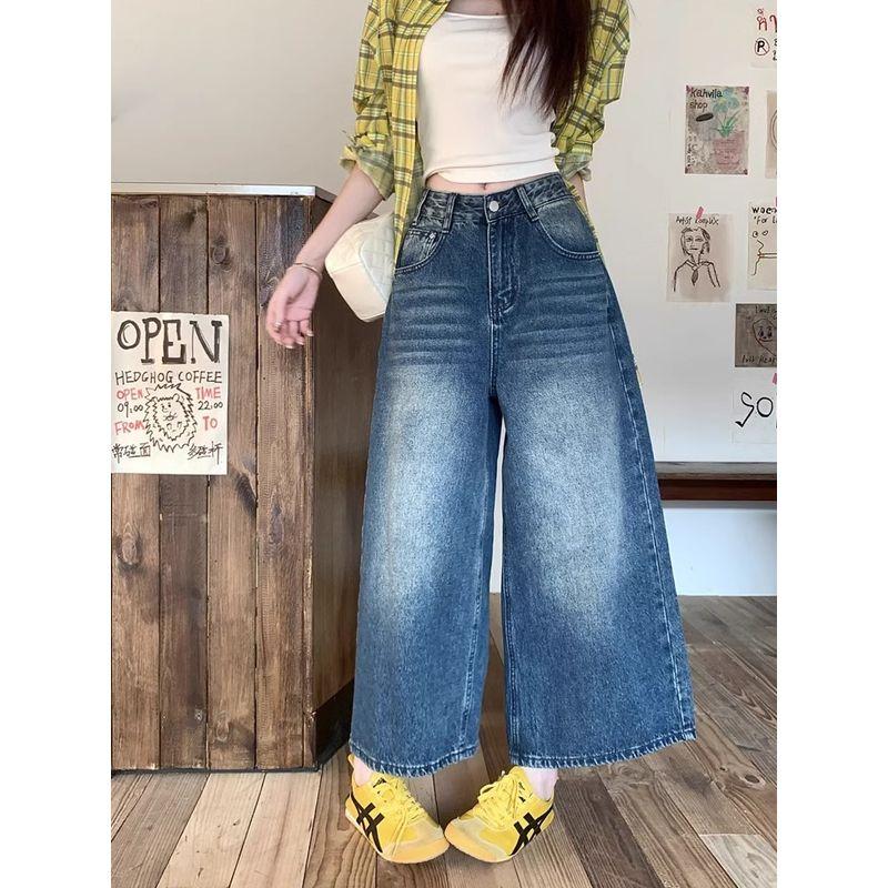 Kumikumi American Retro Washed Blue Denim Women Fall High Waist Loose All-Matching Straight Pants Cropped Pants
