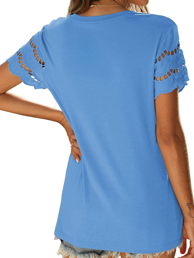 Women's Summer New Floral Lace Patchwork Short Sleeve T-Shirt Crew Neck Slim Fit Top