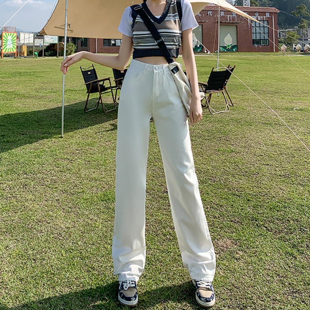 

Korean version of versatile straight jeans for women s spring and autumn new Korean version ins showing thin temperament wide-leg mopping denim 2XL белый