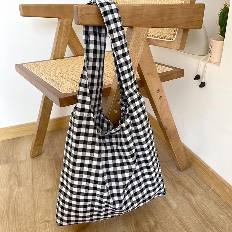 Vintage Plaid Women's Vest Shoulder Bags Large Capacity Female Reusable Shopping Bag Cott Cloth Schoolgirls Book Tote Handbags