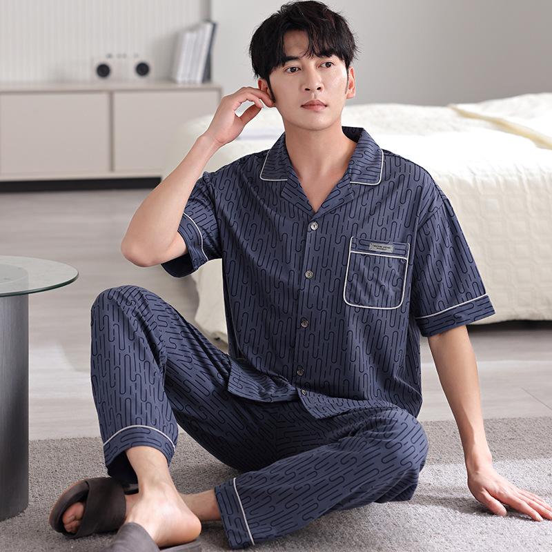 Pajamas Men's Summer Cotton Short Sleeve Trousers Men's Thin Summer Large Size Half Sleeve Men's Summer Loungewear Set