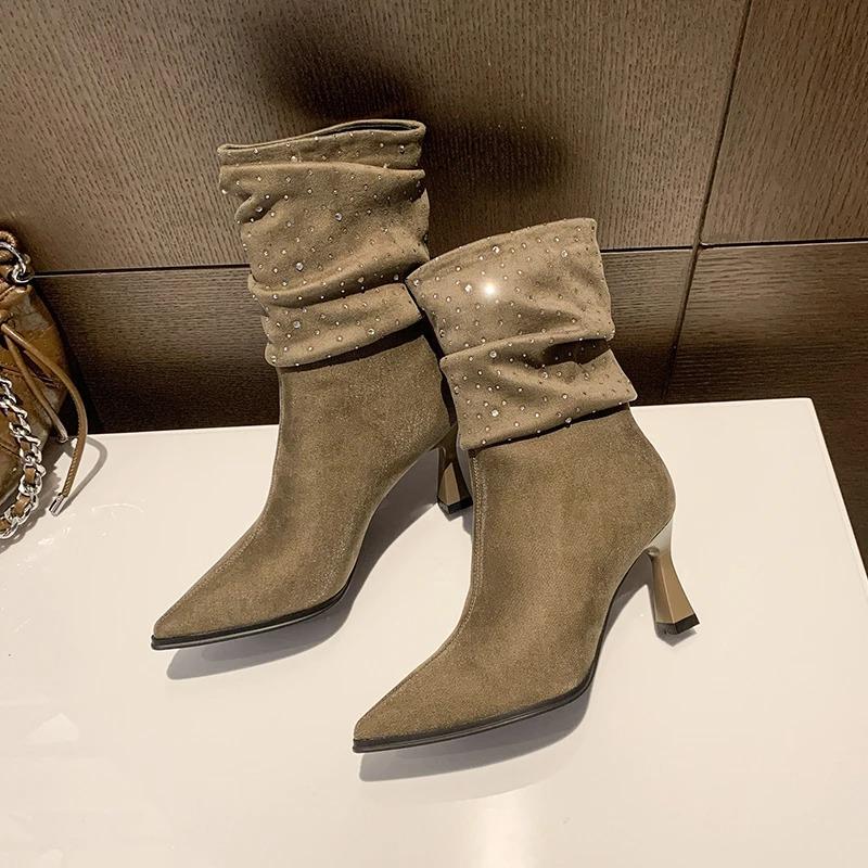 Ankel Tynne hæler Moderne Støvler Vinter Slip-on 2024 Hot Sale Sko Kvinnelig spiss Høy Hæl Solid Bling Kortfattede Damestøvler
