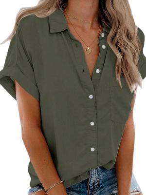 Women's V Neck Collared Button Down Shirt Short Sleeve Top with Pockets
