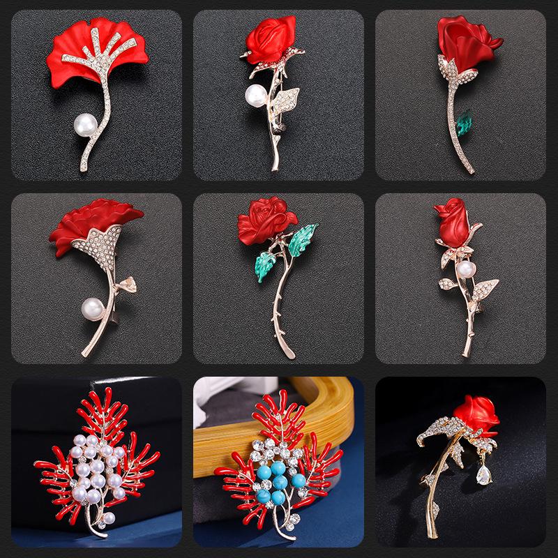 Exquisite Women's Red Flower Brooch – Niche Design, High-End Suit Accessory
