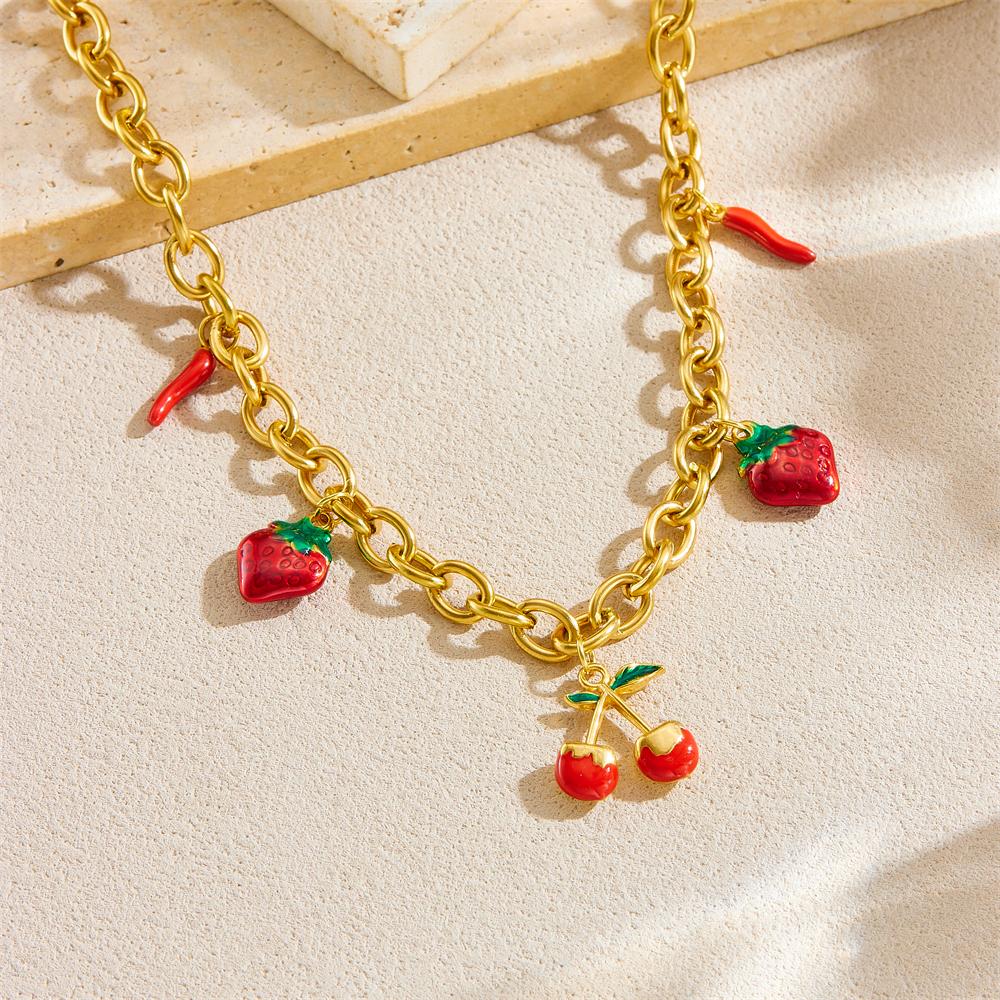 DIEYURO 316L Stainless Steell Red Fruits Cherry Shaped Pearl Many Pendants Necklace For Women New Neck Chain Jewelry Party Gift
