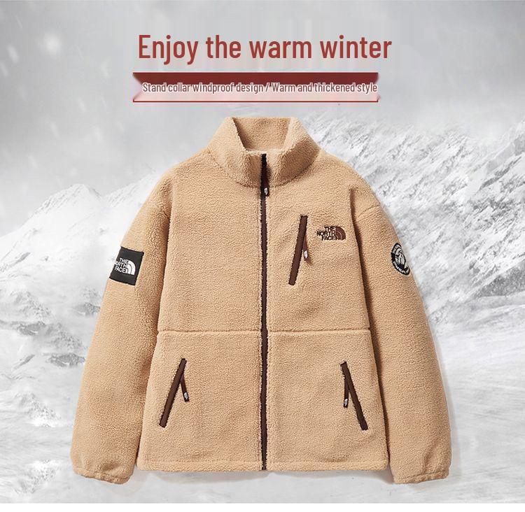 Unisex trendy tlustá bunda s výstřihem do stojáčku, podšitá fleecem, vyšívaná, z jehněčí vlny, pro páry