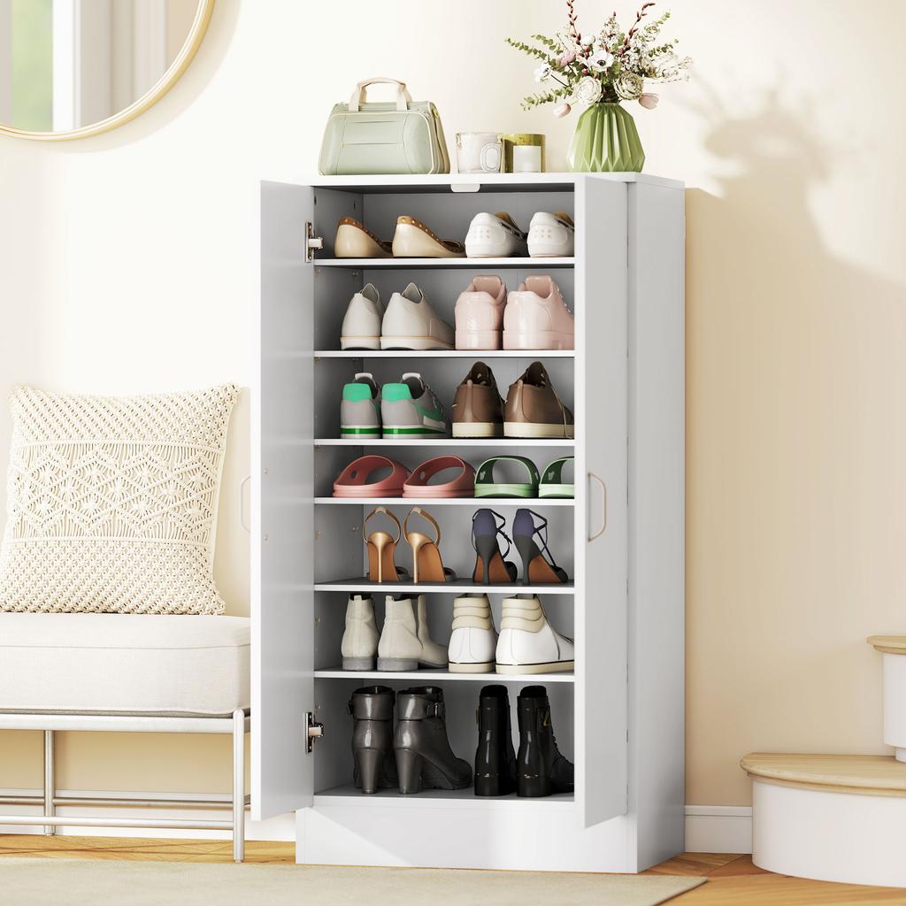 Shoe Cabinet, 2 Doors, 6 Adjustable Shelves, for 14 Pairs, 55x35x108cm, White
