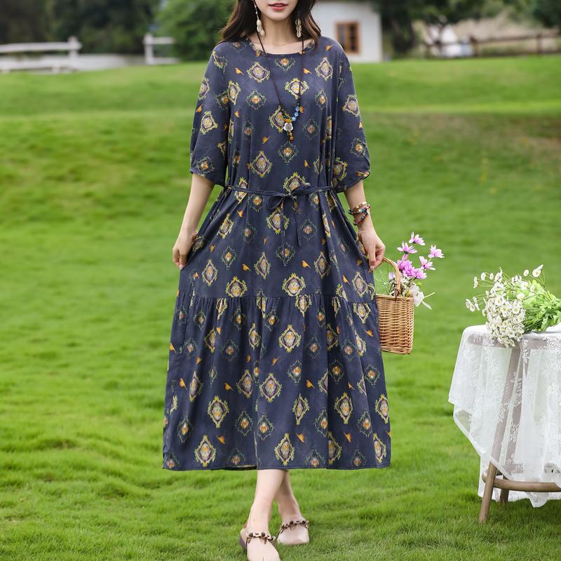 Women's Floral Print Maxi Dress, Tie Waist 3/4 Sleeve Casual Summer Dress (XL-5XL)