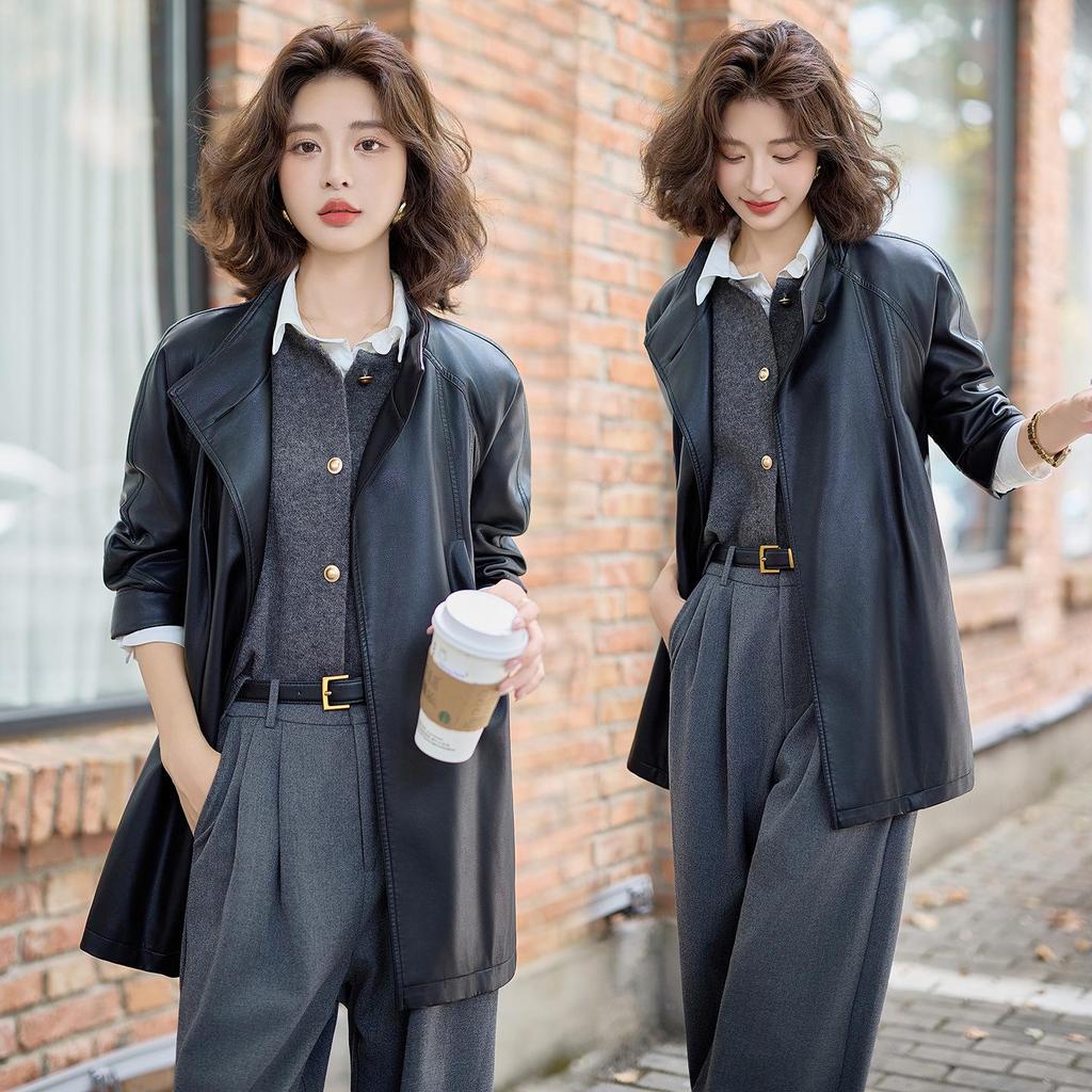 Women's Mid-Length Sheepskin Leather Motorcycle Jacket - Retro and Loose, Perfect for Spring and Autumn