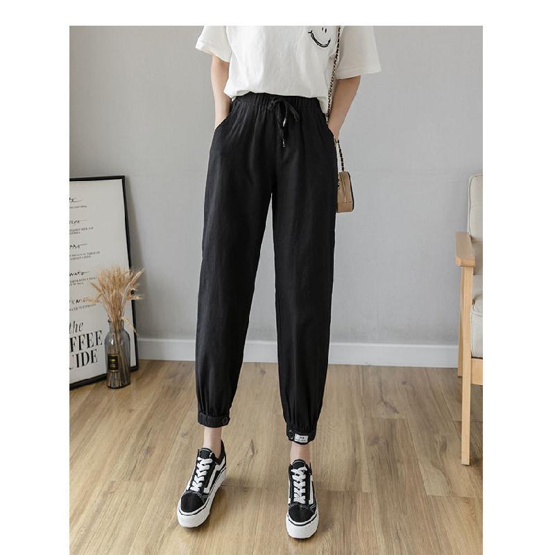 2026 Women's Thin Cotton-Linen Pants, High-Waisted, Loose-Fit, Cuffed, Nine-Quarter Length, Casual Harem Pants