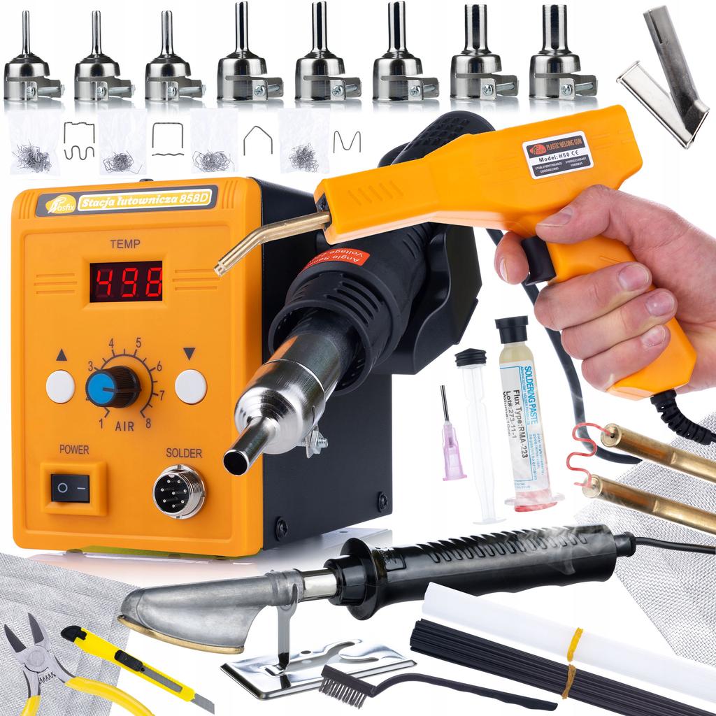 Rosfix Kompletny Zestaw Stacja Lutownicza 858D – 700W, Regulacja Temperatury 100–500°C | Zgrzewarka, Lutownica, Dysze, Spoiwa, Flux, Siatki