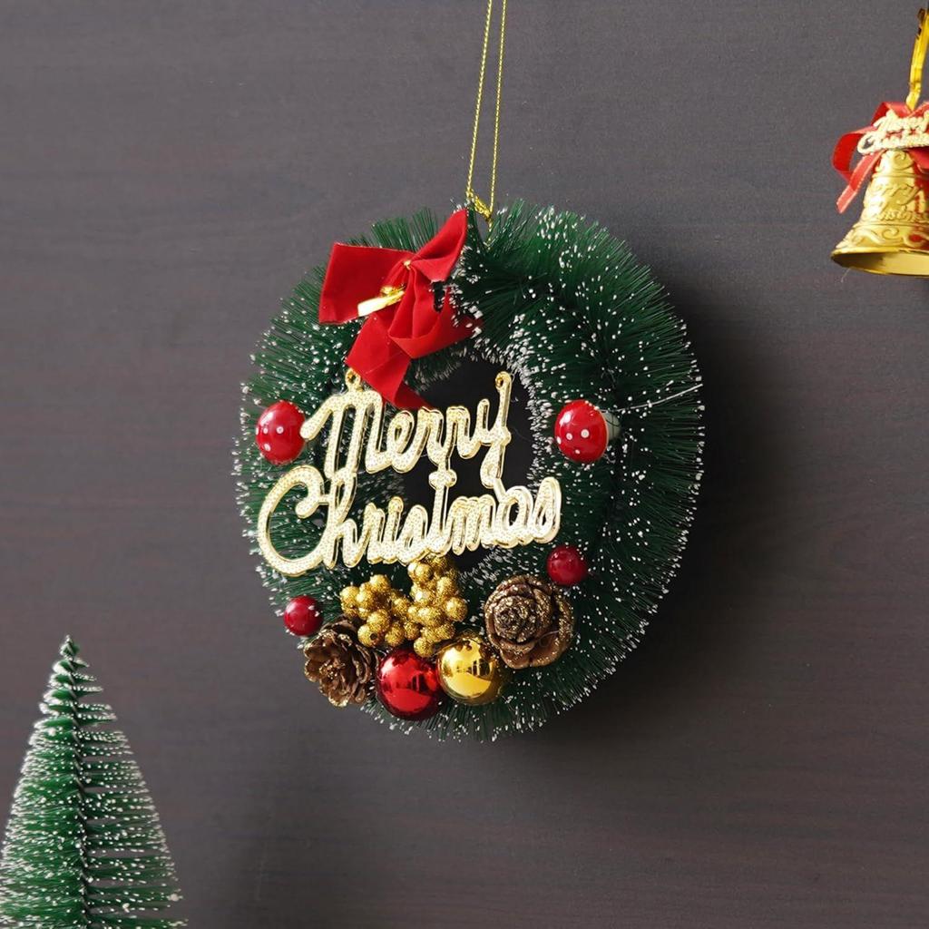 Green Merry Christmas Wreath for Front Door with Red Berries Balls Flowers Ribbon | Garland for Christmas | Xmas Gifts Ornaments Props