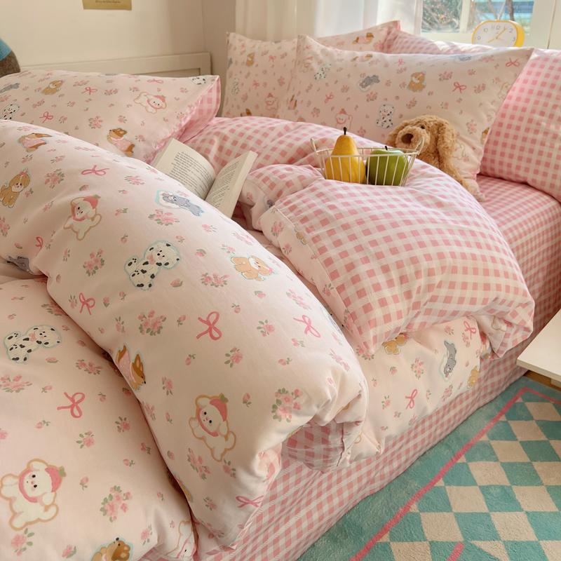 Sleeping Grid INS Age Reducing Cute Cartoon Style 40 Count Cotton Four Piece Set
